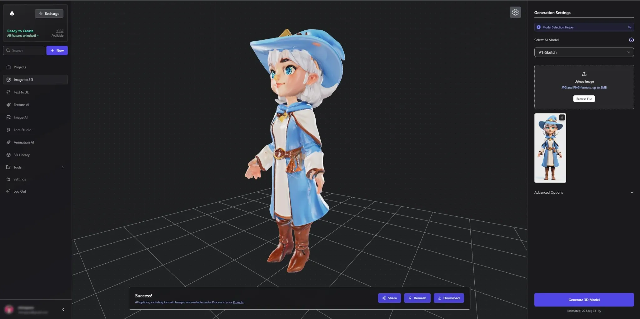 3D AI Studio anime image to 3D character workflow
