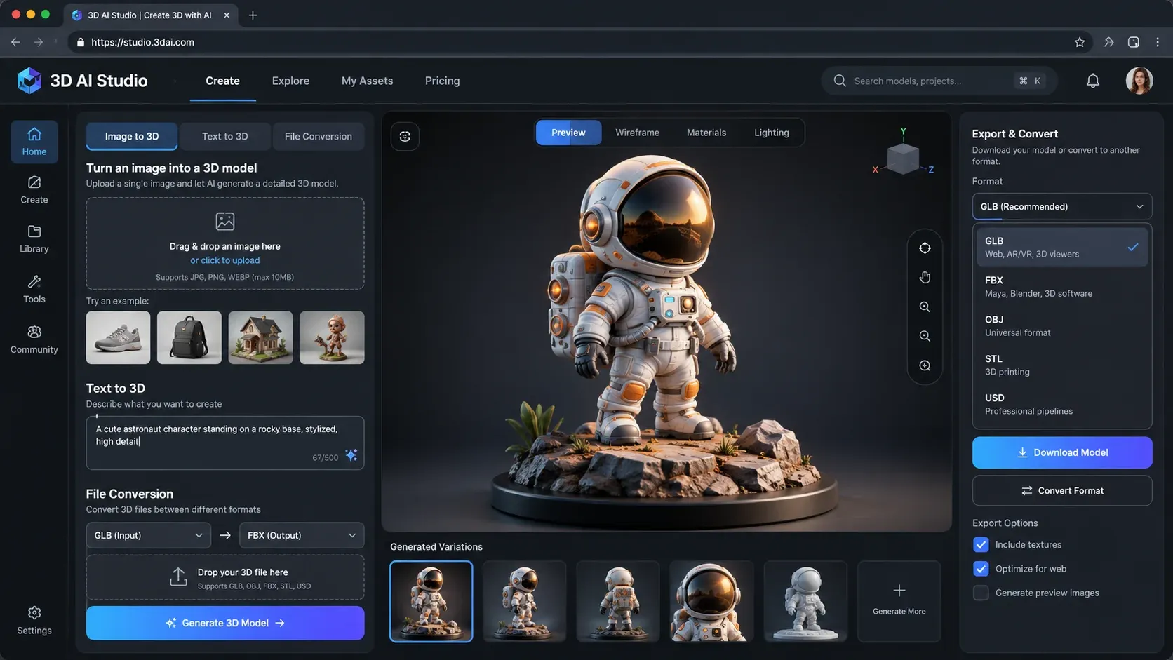 3D AI Studio image to 3D model converter with GLB, FBX, OBJ, and STL export options