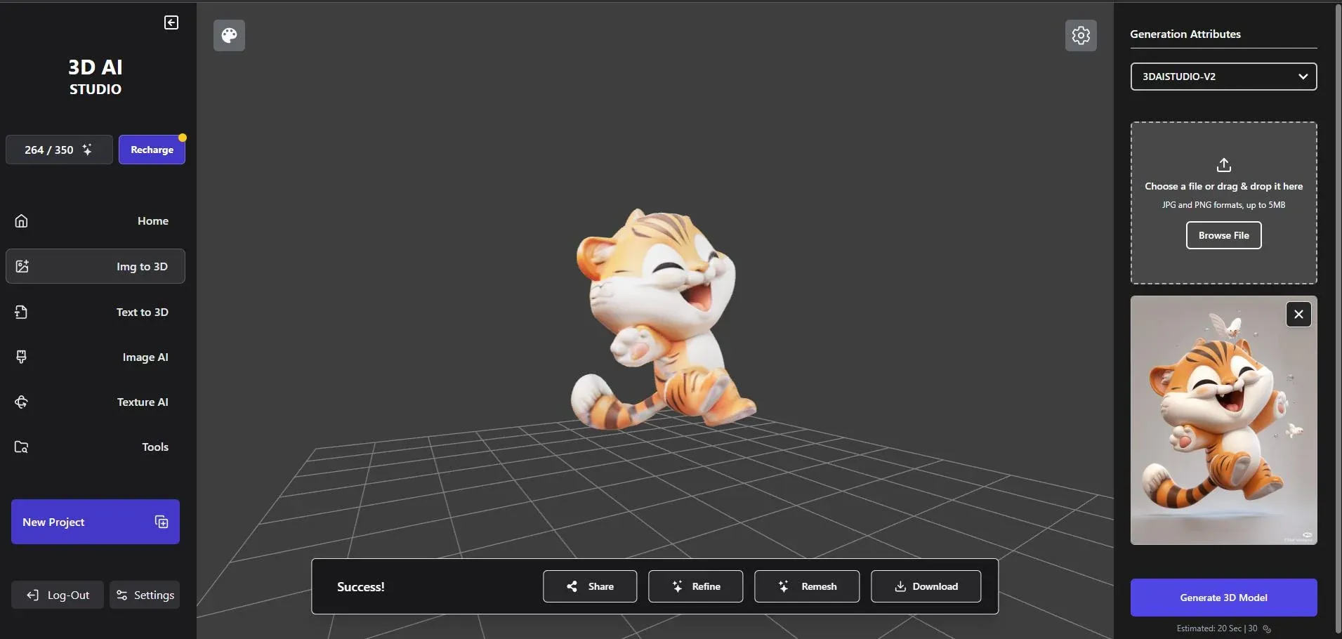 3D AI Studio image-to-3D workspace showing an uploaded image and generated tiger model