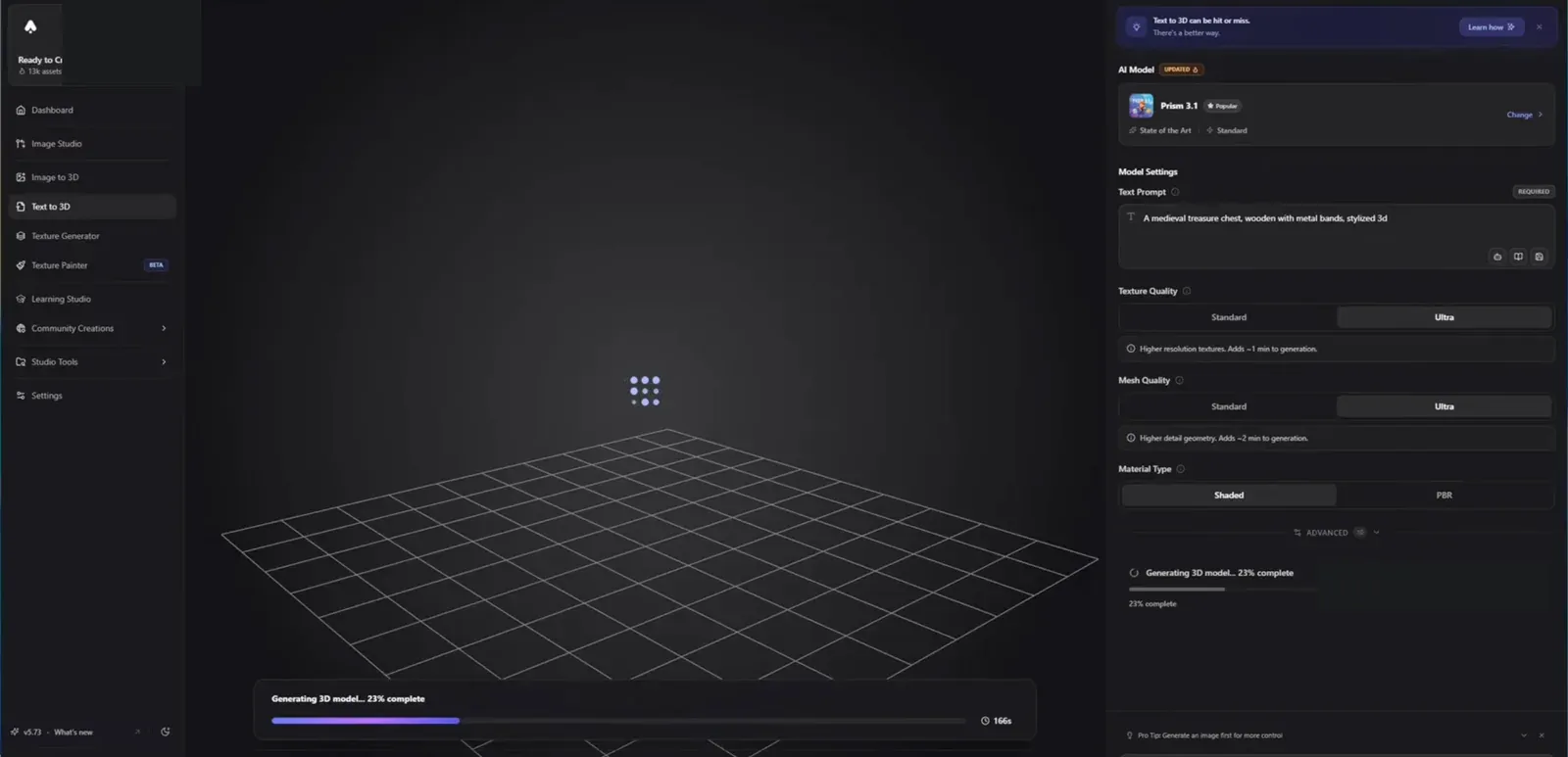 3D AI Studio text-to-3D workspace with engine, texture, mesh, and material settings