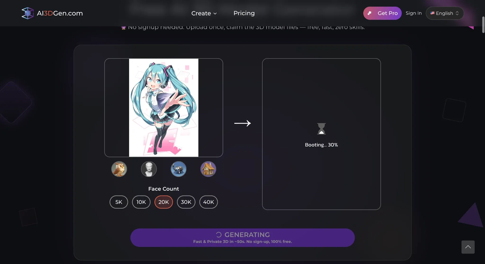 AI3DGEN image-to-3D generator with adjustable face count and model generation progress