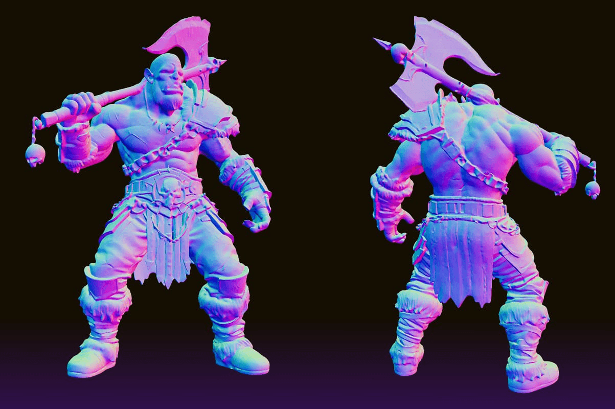 Front and rear views of an AI3DGen orc warrior character model