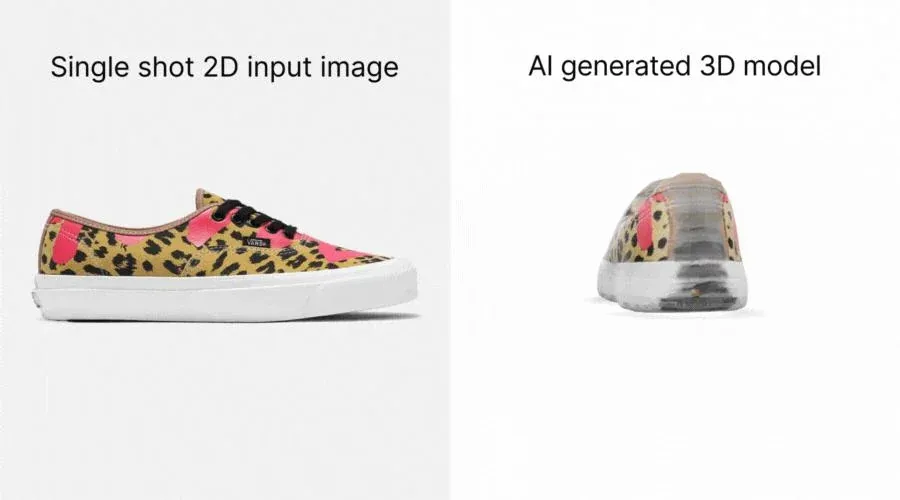 Product shoe reference beside an AI-generated 3D model output example
