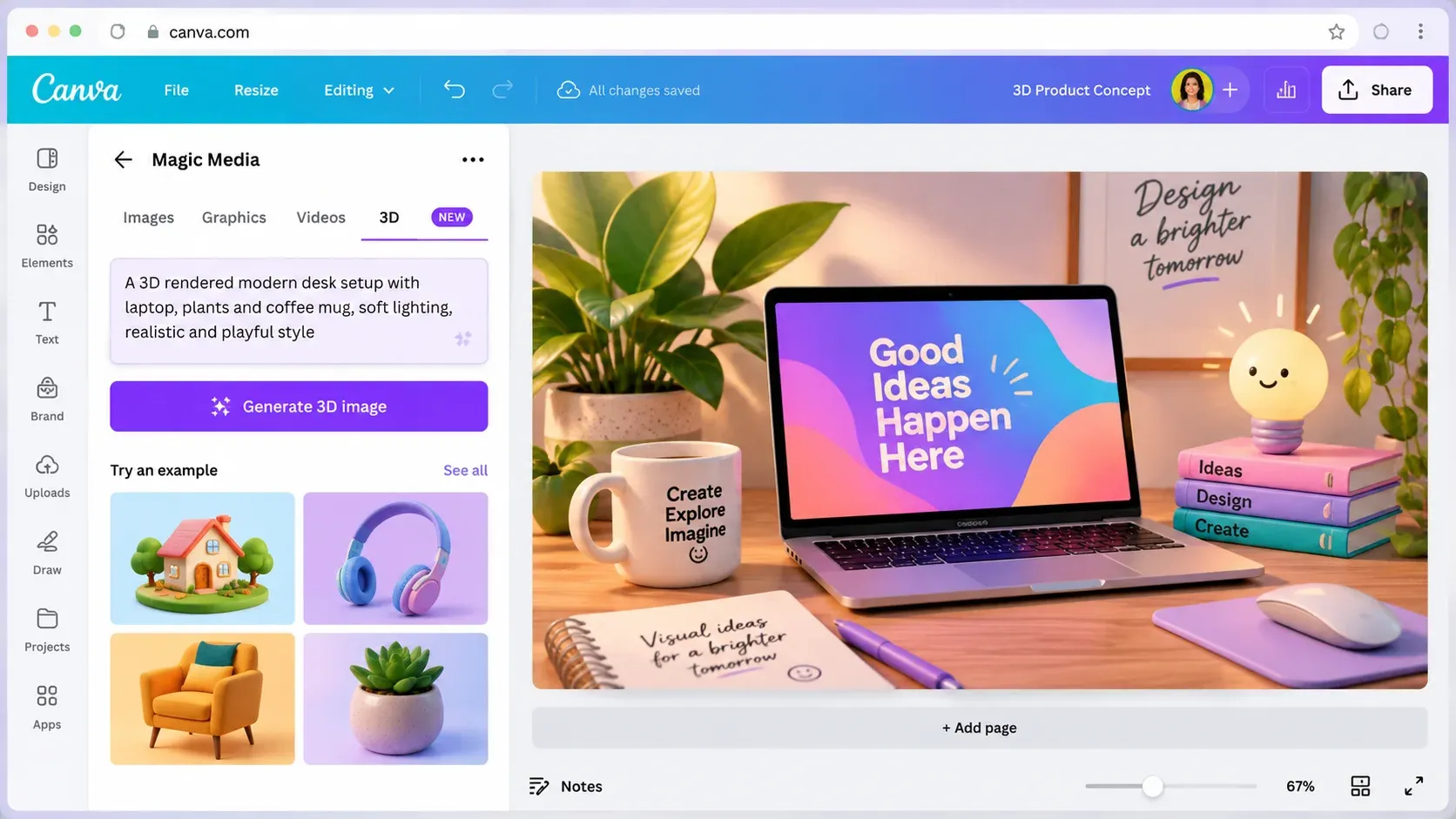 Canva editor showing a 3D-style AI image generation workflow