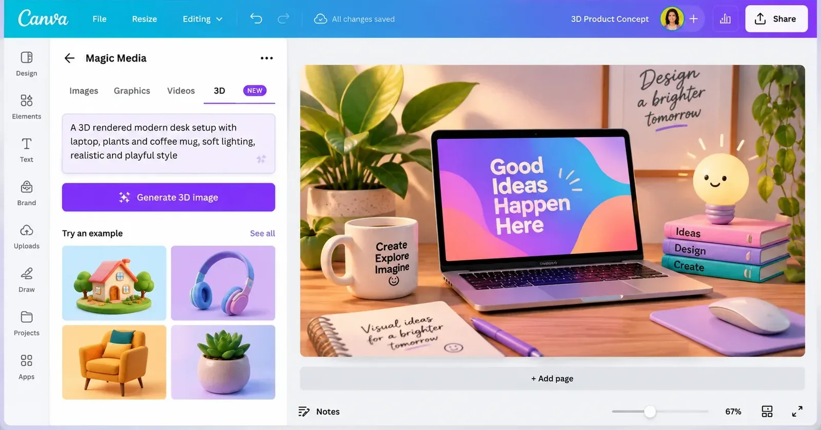 Canva Magic Media creating a 3D-style desk concept image inside a design