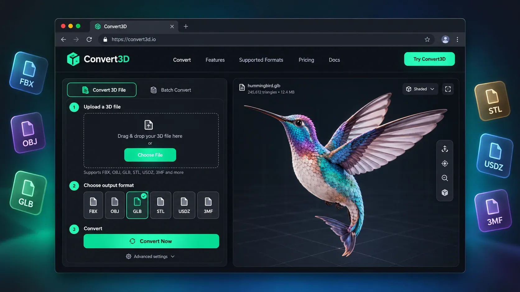 Convert3D online 3D model converter with FBX, OBJ, GLB, STL, USDZ, and 3MF output options
