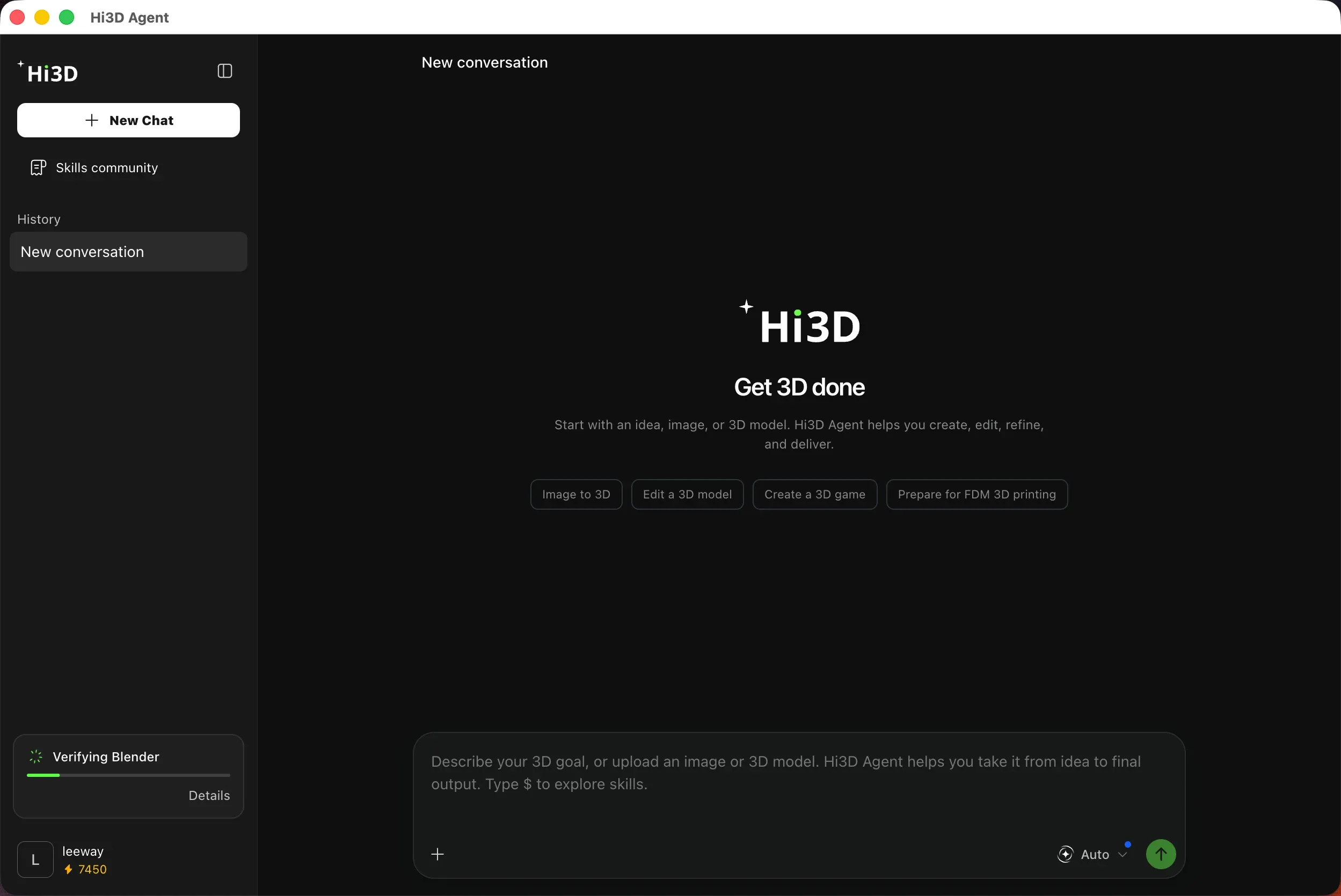 Hi3D Agent desktop client signed in and verifying its Blender connection