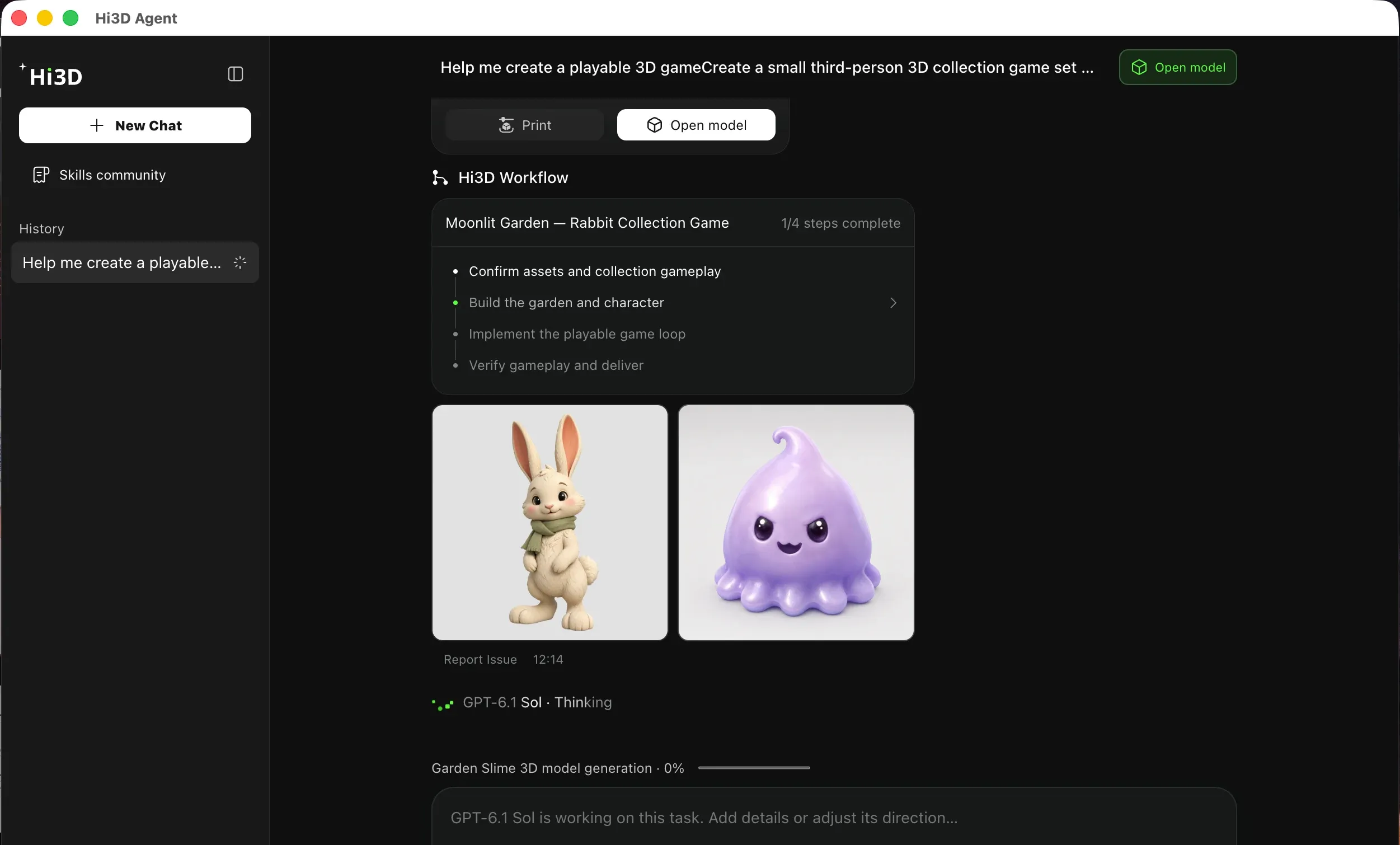 Hi3D Agent generating rabbit and slime assets for the Moonlit Garden collection game