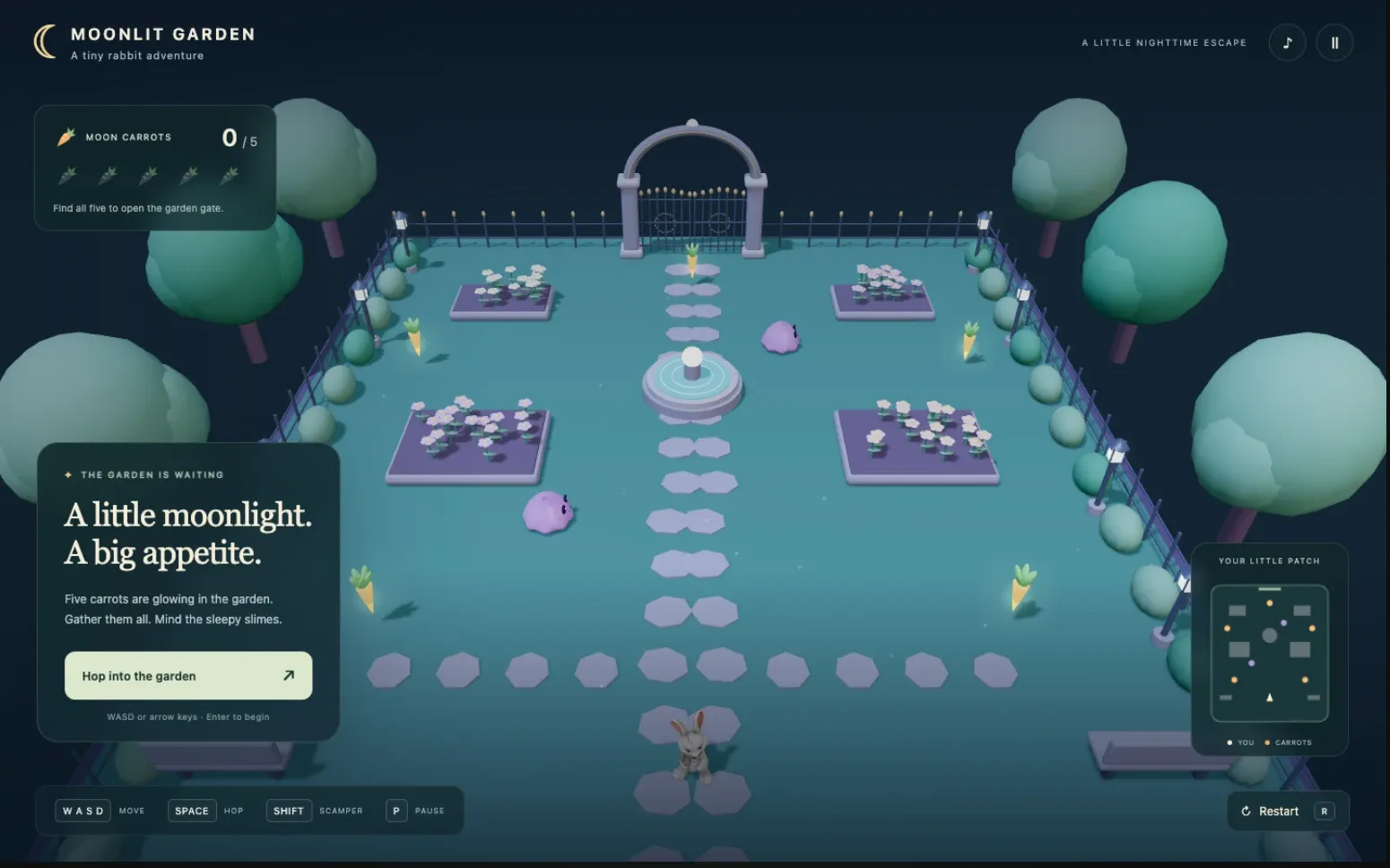 Playable Moonlit Garden 3D collection game with a rabbit, carrots, slimes, controls, and progress UI
