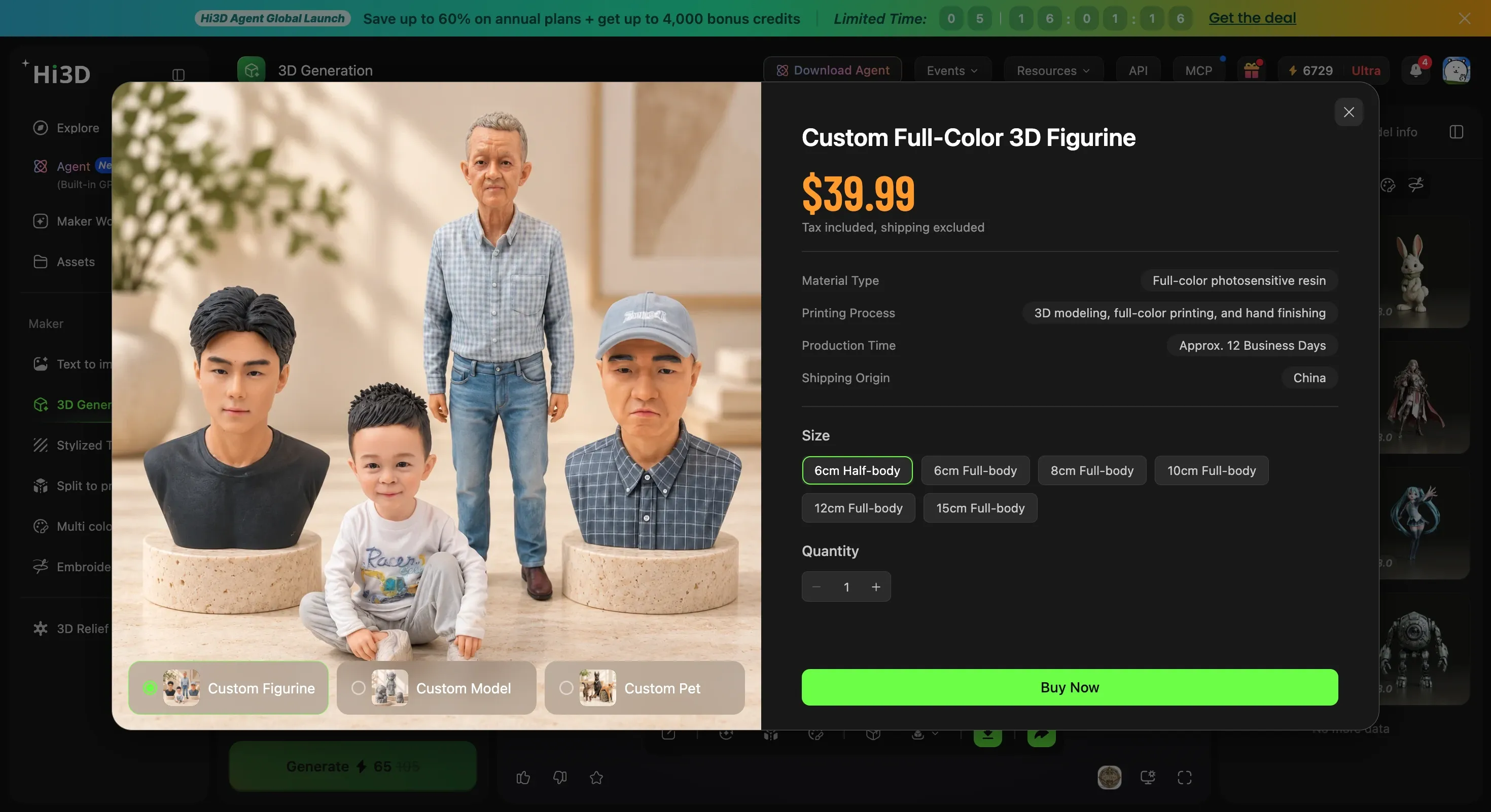 Hi3D Custom Full-Color 3D Figurine order panel showing price, material, production time, size, and Buy Now button