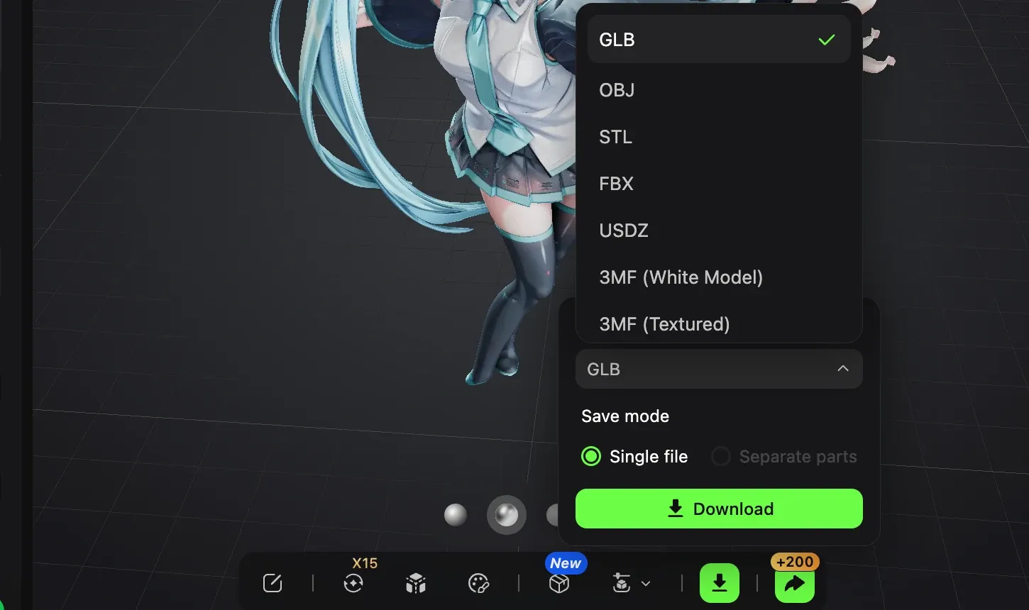Hi3D export menu listing supported 3D model formats