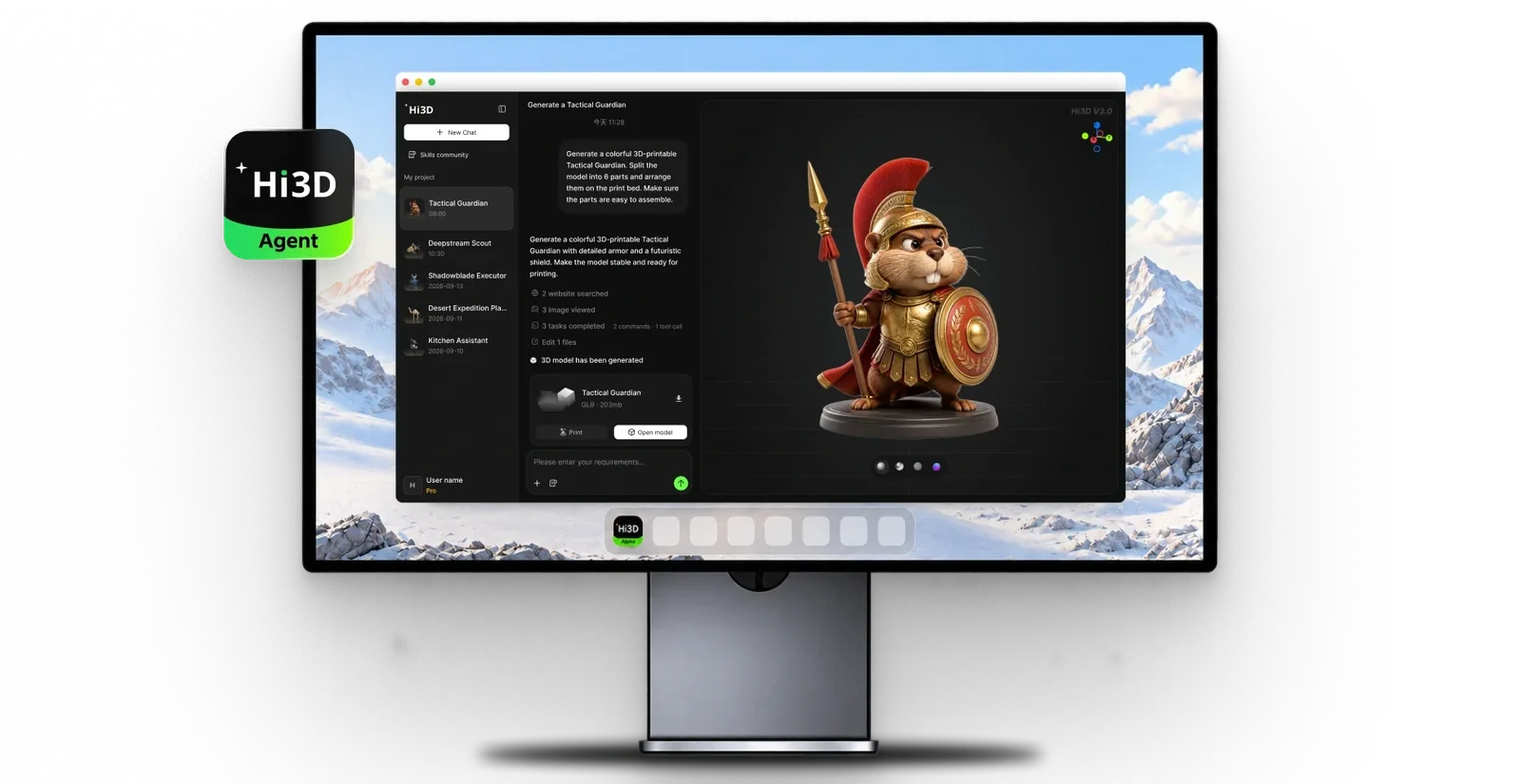 Hi3D Agent desktop interface displaying a generated tactical guardian 3D model