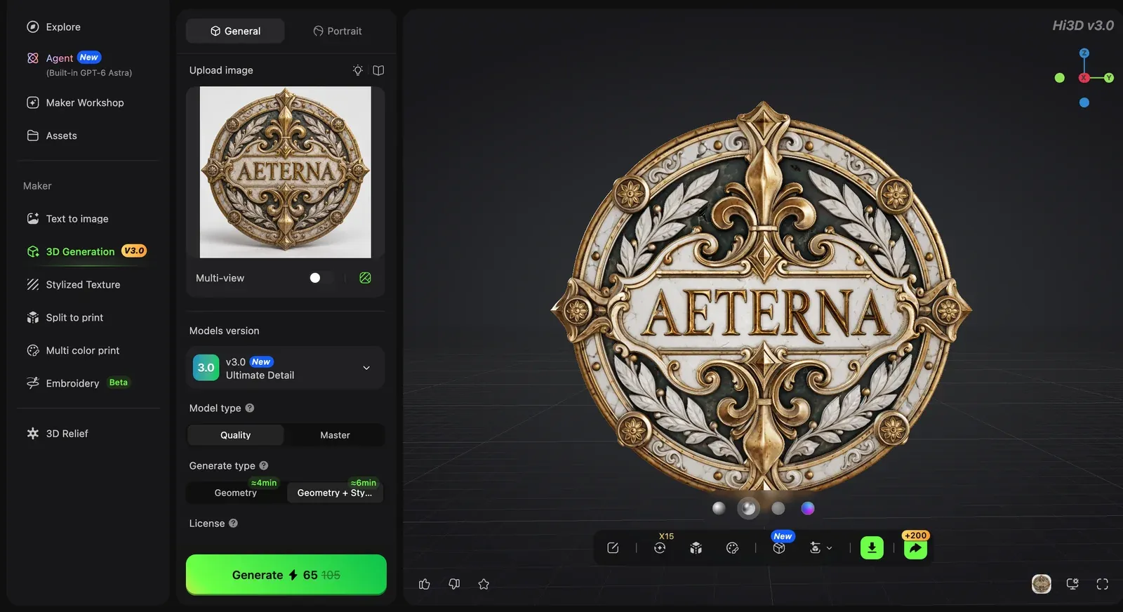 Hi3D generated model viewer showing a detailed emblem ready for inspection