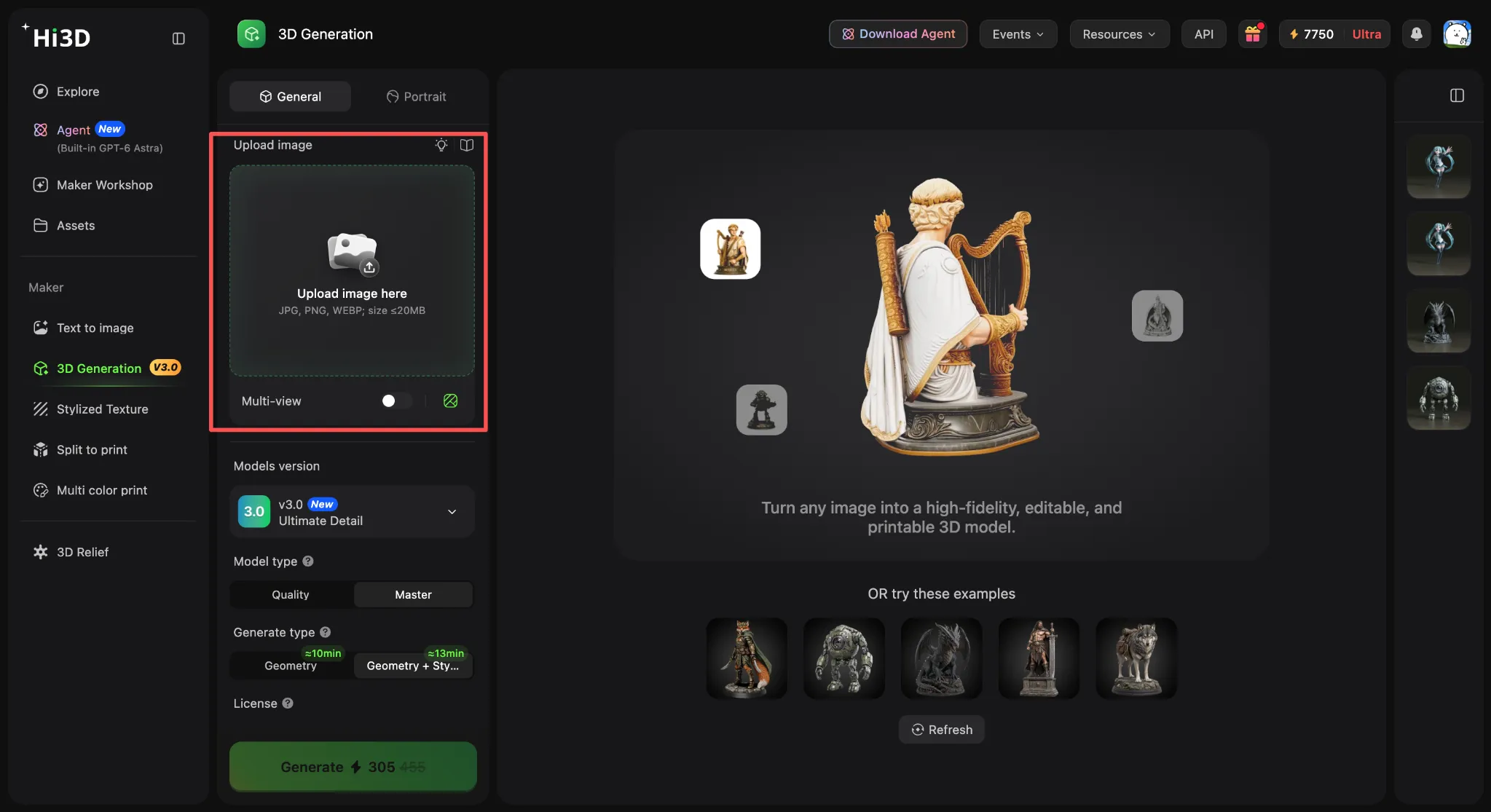 Hi3D 3D Generation workspace showing the image upload panel