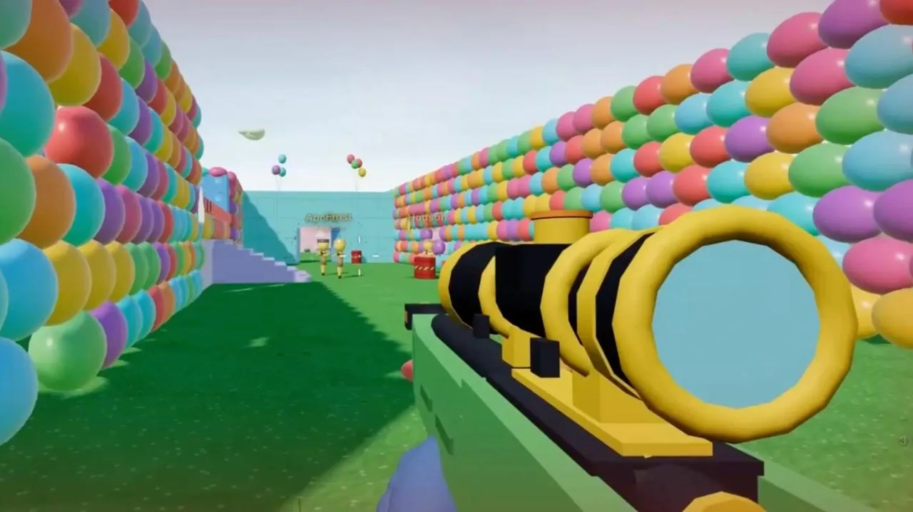 Colorful first-person 3D game example shown for Kimi's game creator