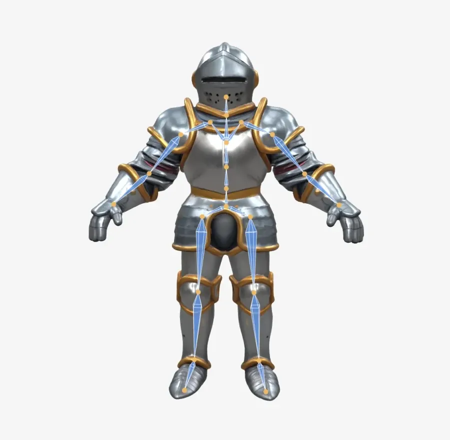 Rigged knight 3D character example with a visible skeleton overlay in Ludo AI