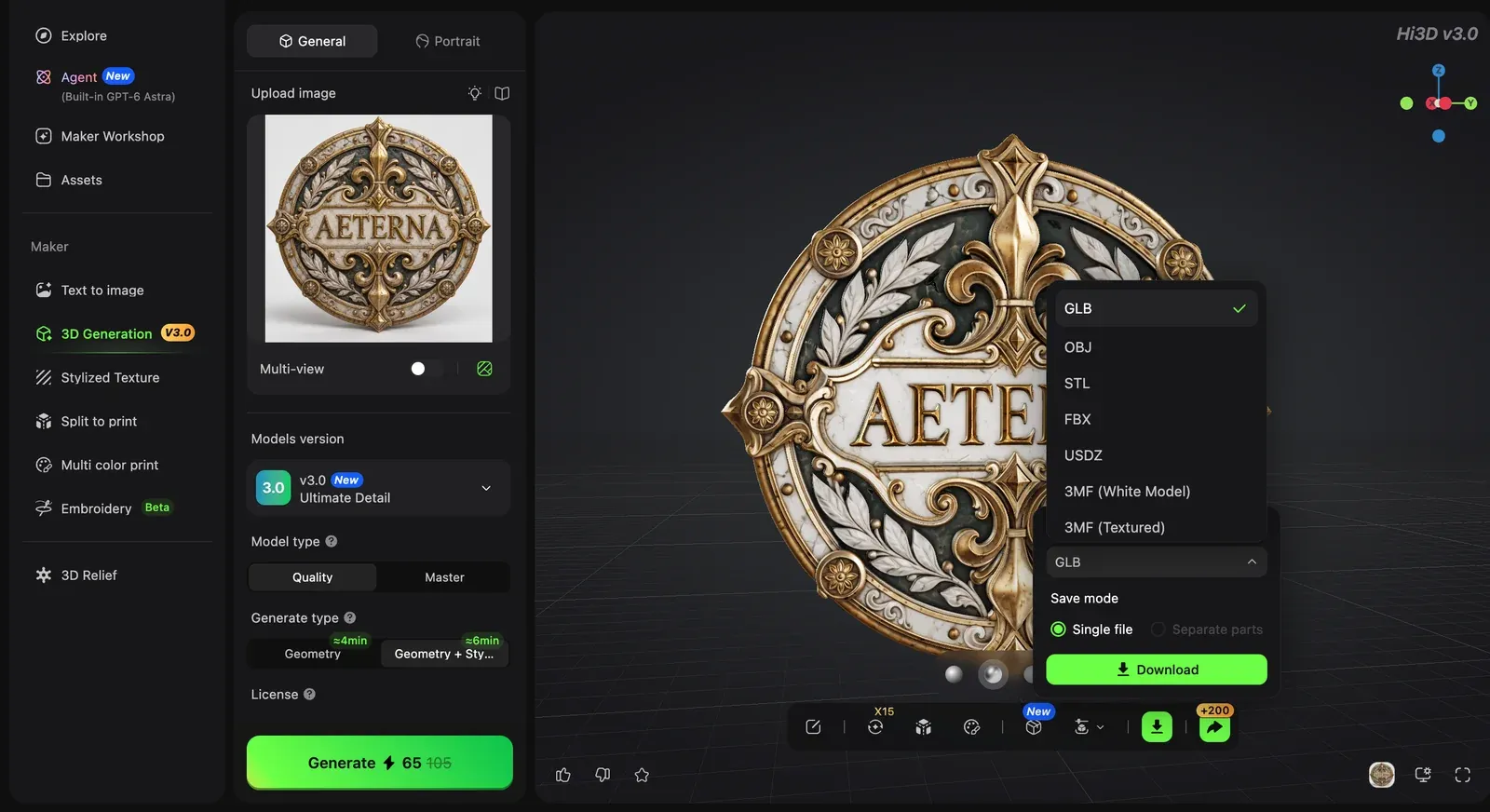 Hi3D export menu for downloading a generated miniature mode