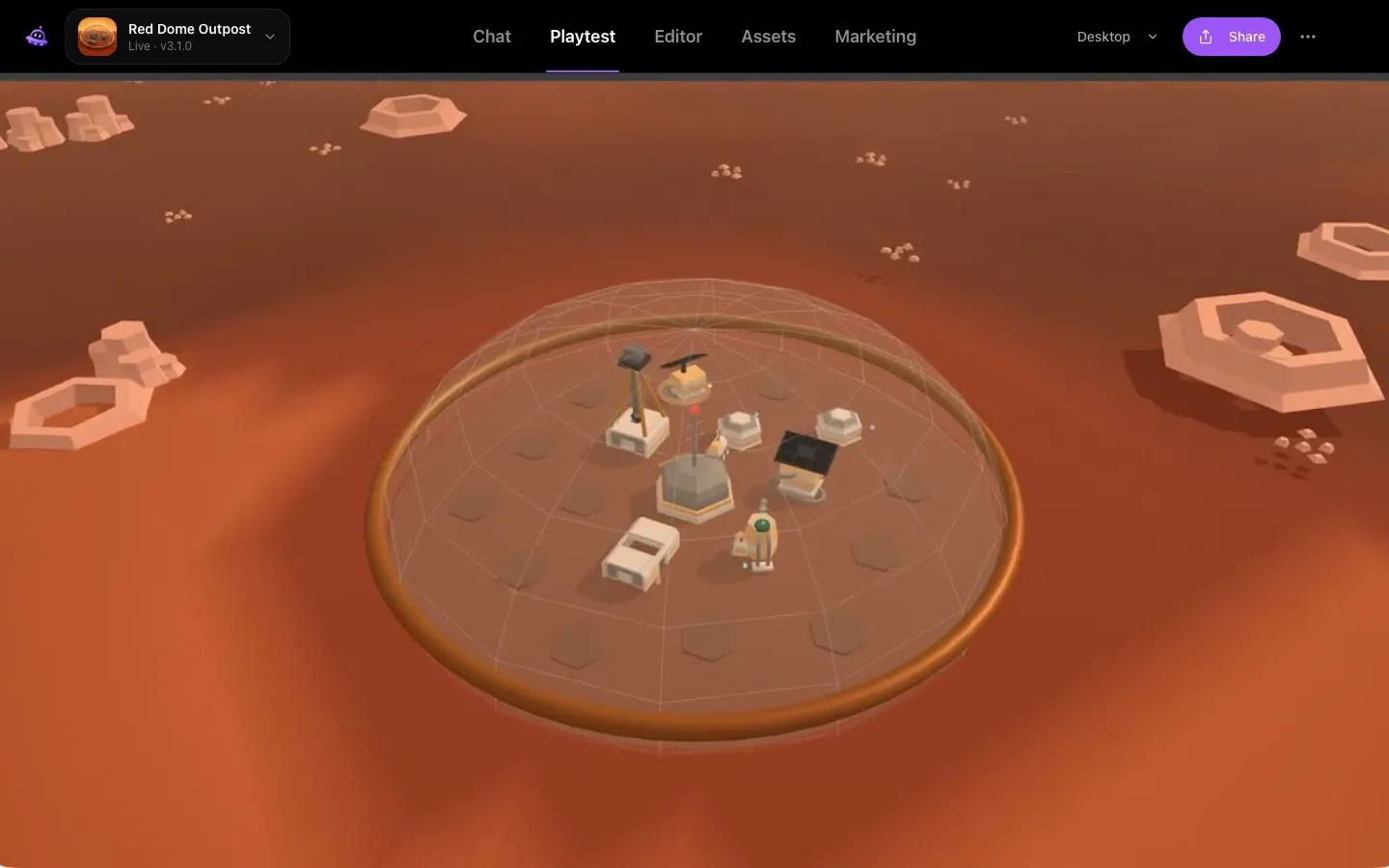 PlayDrop browser playtest showing a low-poly Mars colony inside a protective dome