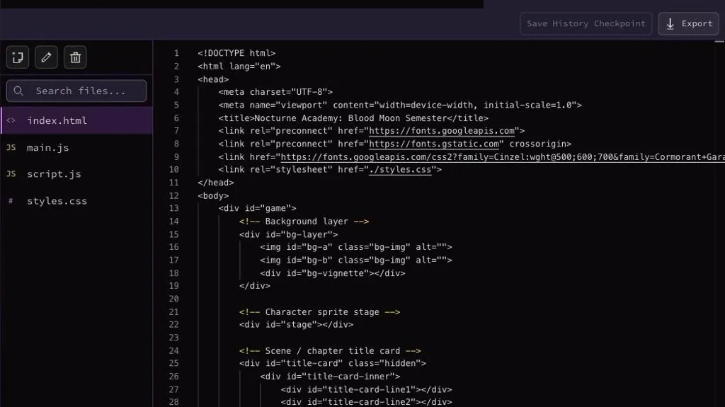 Rosebud AI code editor showing HTML JavaScript and CSS files for a generated browser game
