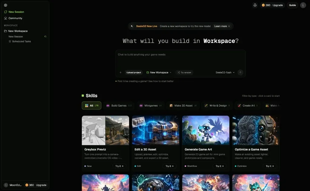 SEELE AI workspace with game building and 3D asset workflow options