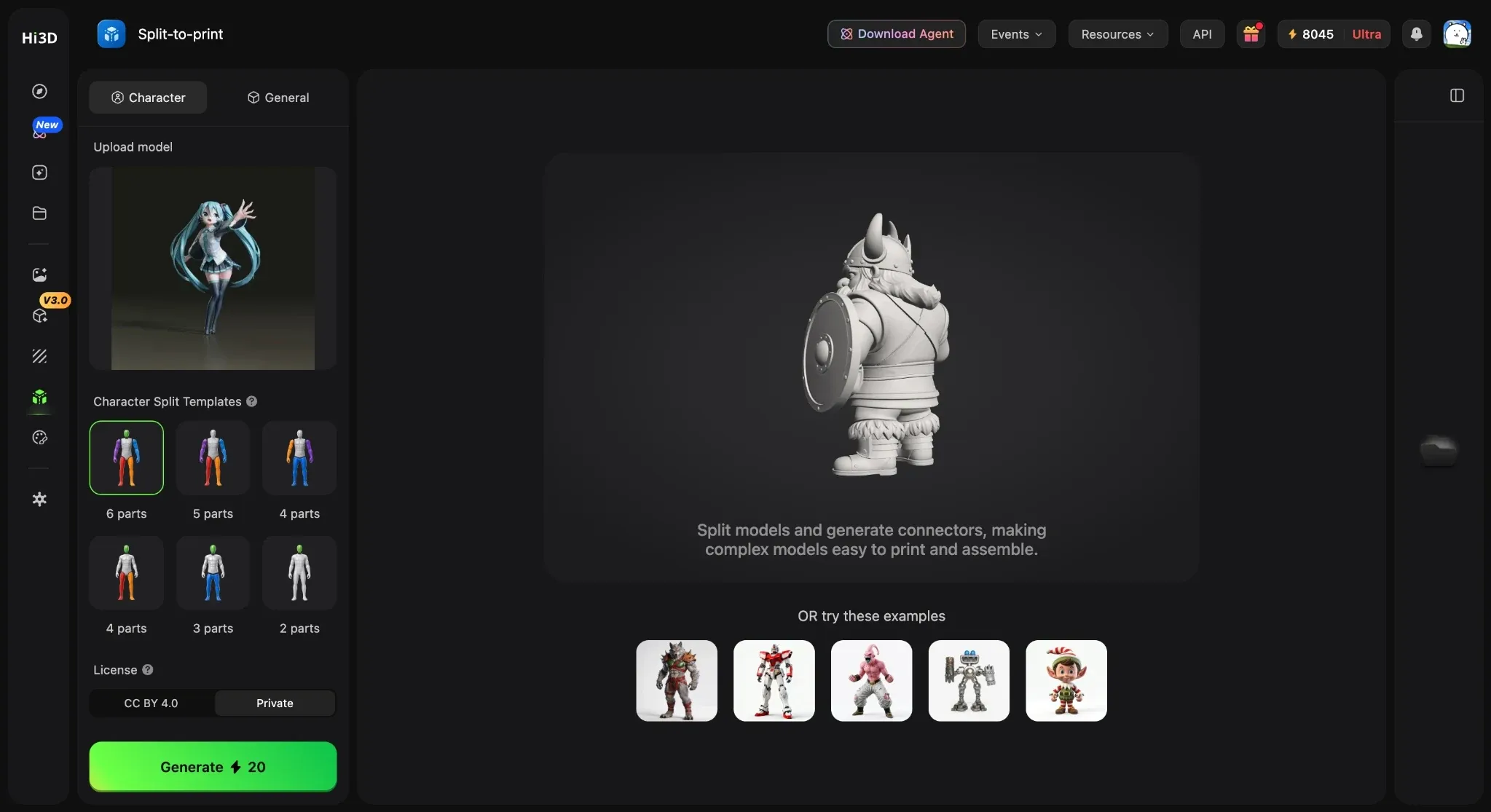 Hi3D Split-to-Print workspace preparing a generated character model for 3D printing