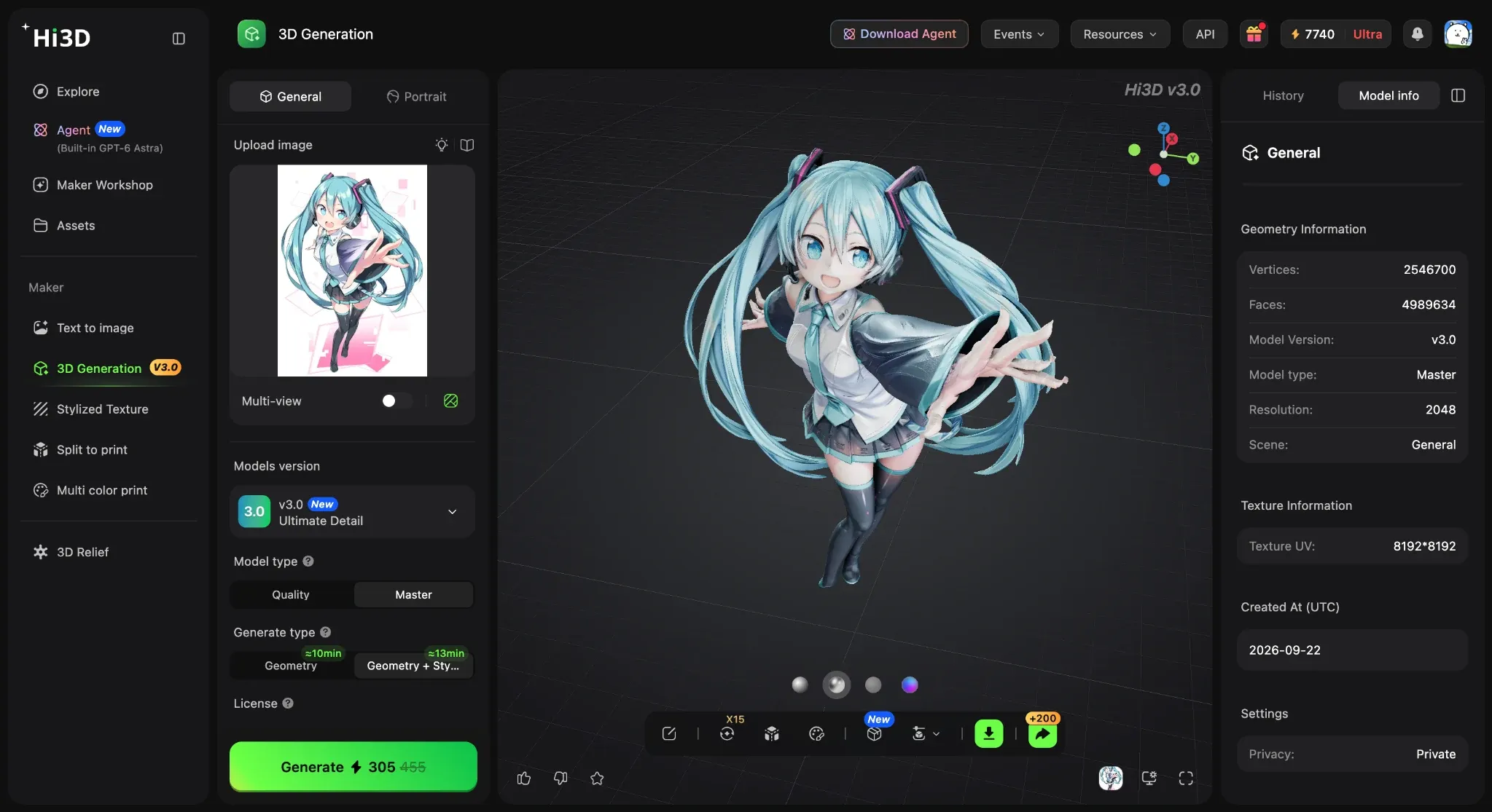Hi3D V3.0 3D generation interface with model preview, source image upload, and model information panel
