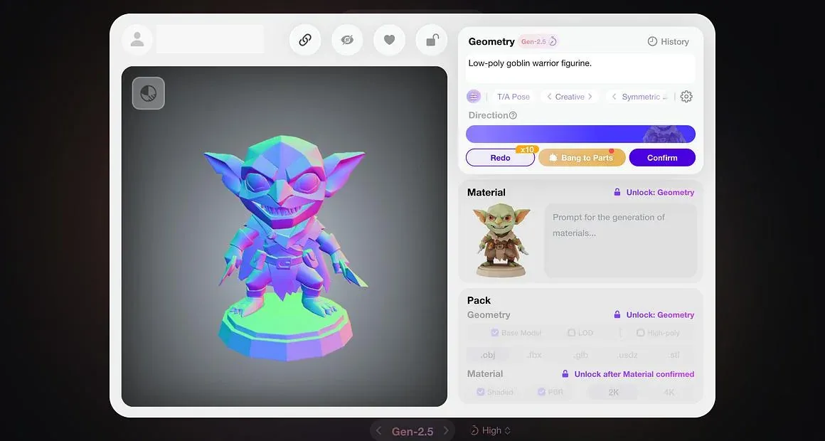 Hyper3D Rodin Gen-2.5 workspace showing a low-poly character preview and generation controls