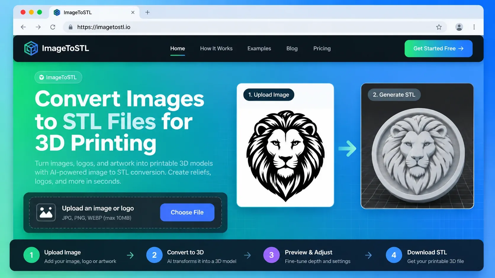 ImageToSTL image to STL converter turning a lion logo into a printable 3D relief