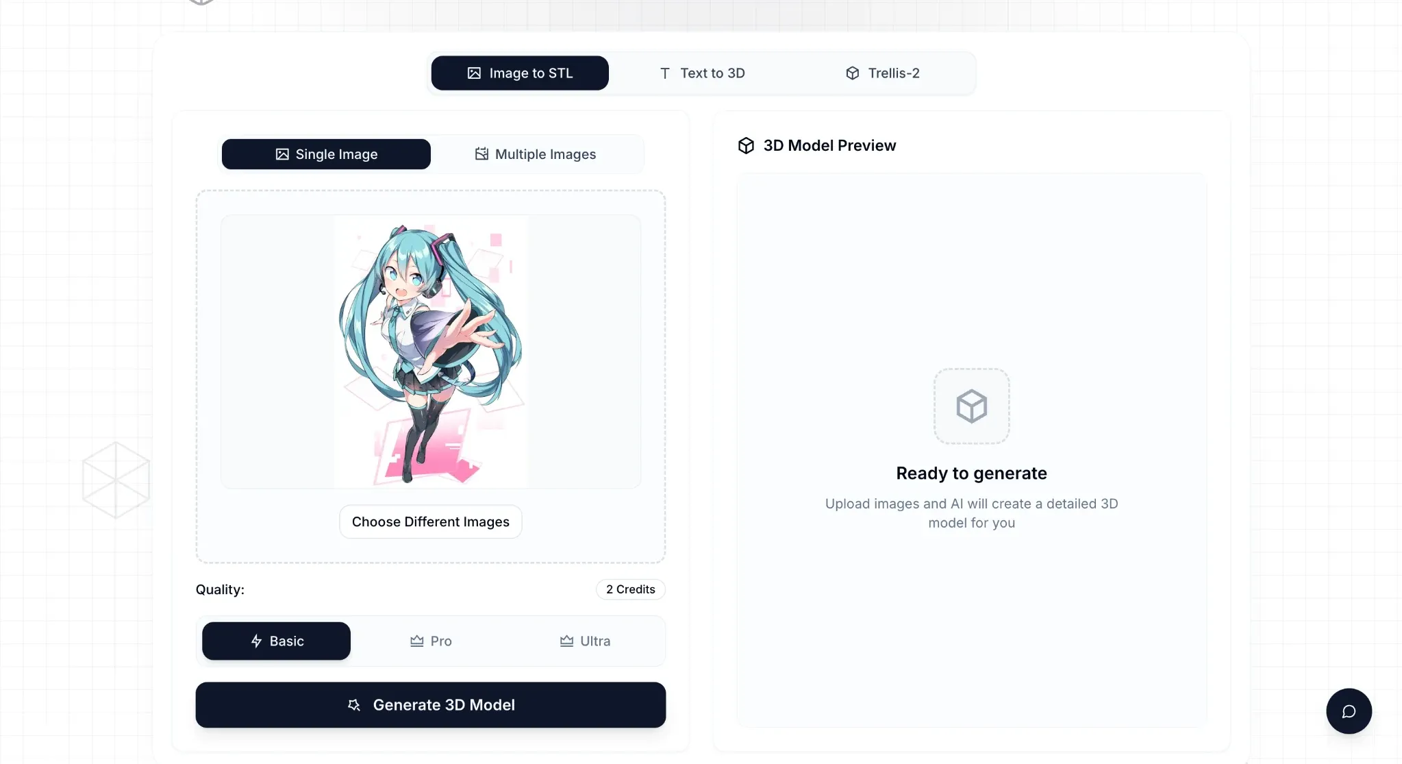 ImageToSTL image-to-STL generator with single-image, multi-image, and model quality options