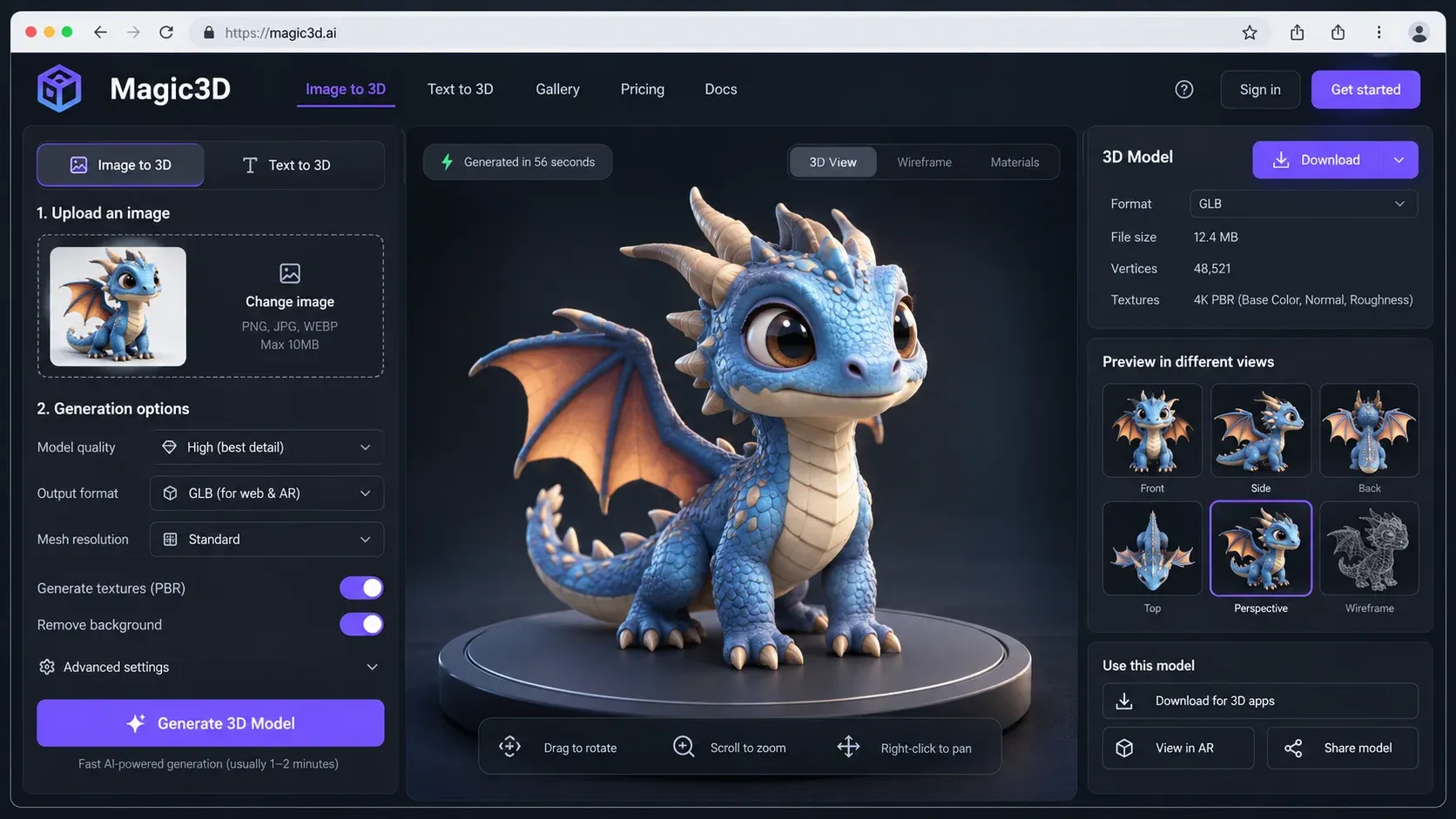 Magic3D image to 3D converter showing a generated dragon model with GLB export and 3D preview