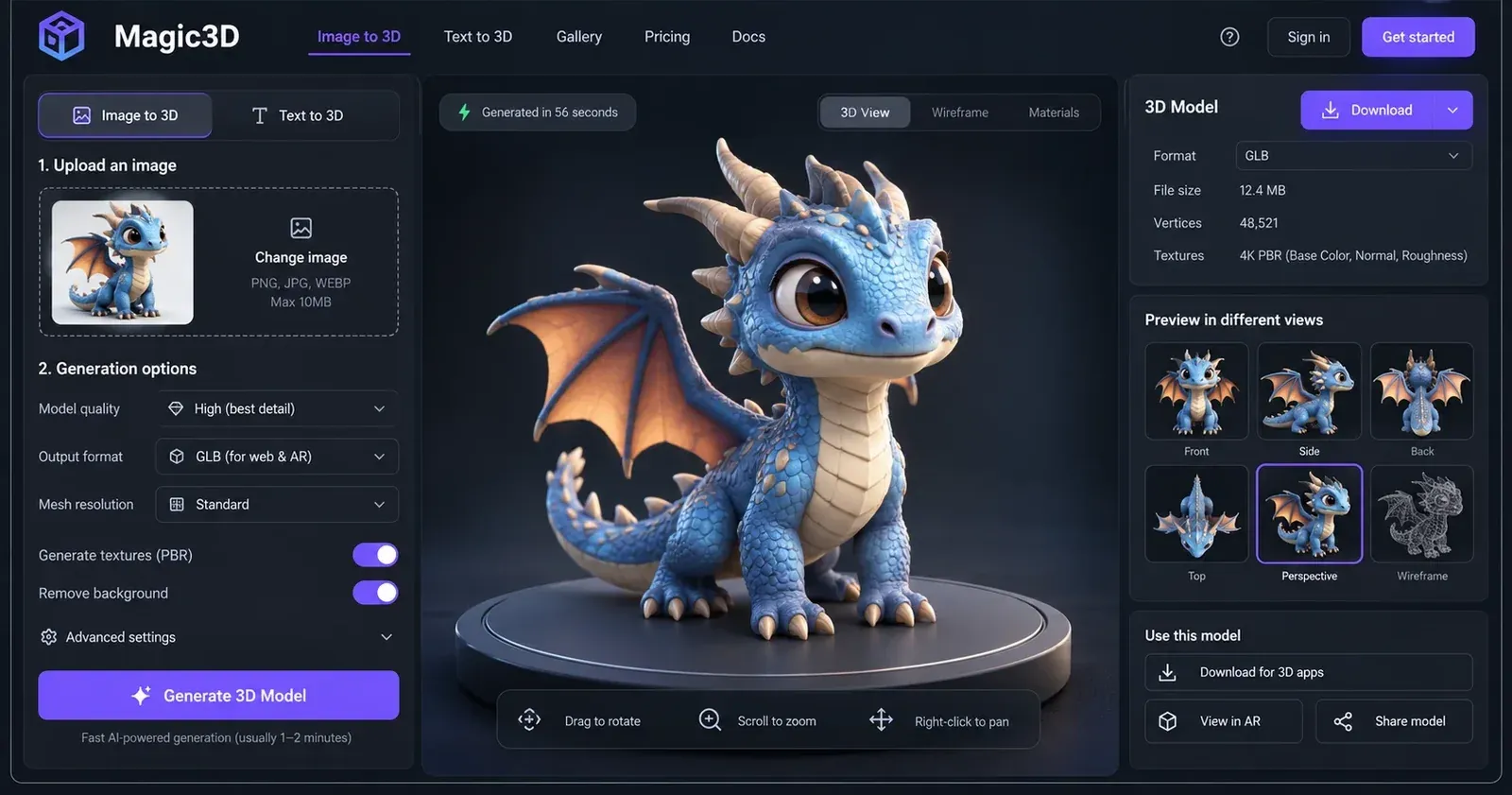 Magic3D image-to-3D workspace with a textured dragon model and export controls