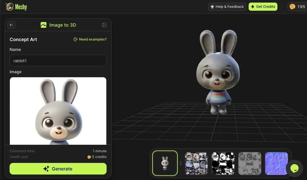 Meshy AI image to 3D character generation workspace