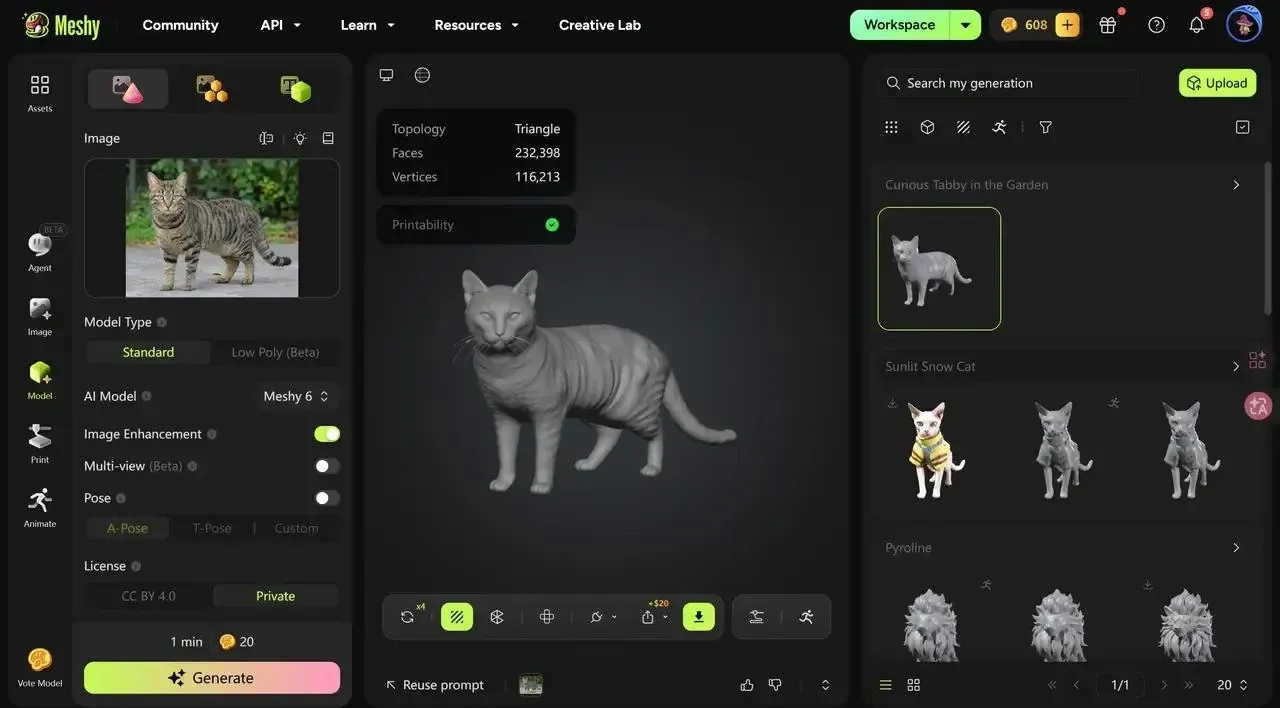Meshy image-to-3D workspace showing a cat reference and generated model preview