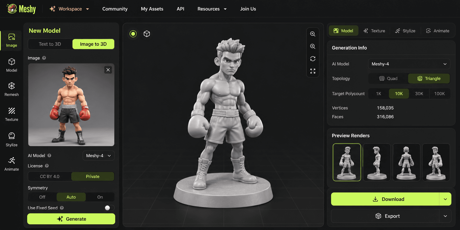 Meshy Image to 3D workspace showing a boxer reference, generated miniature model, topology, and preview angles
