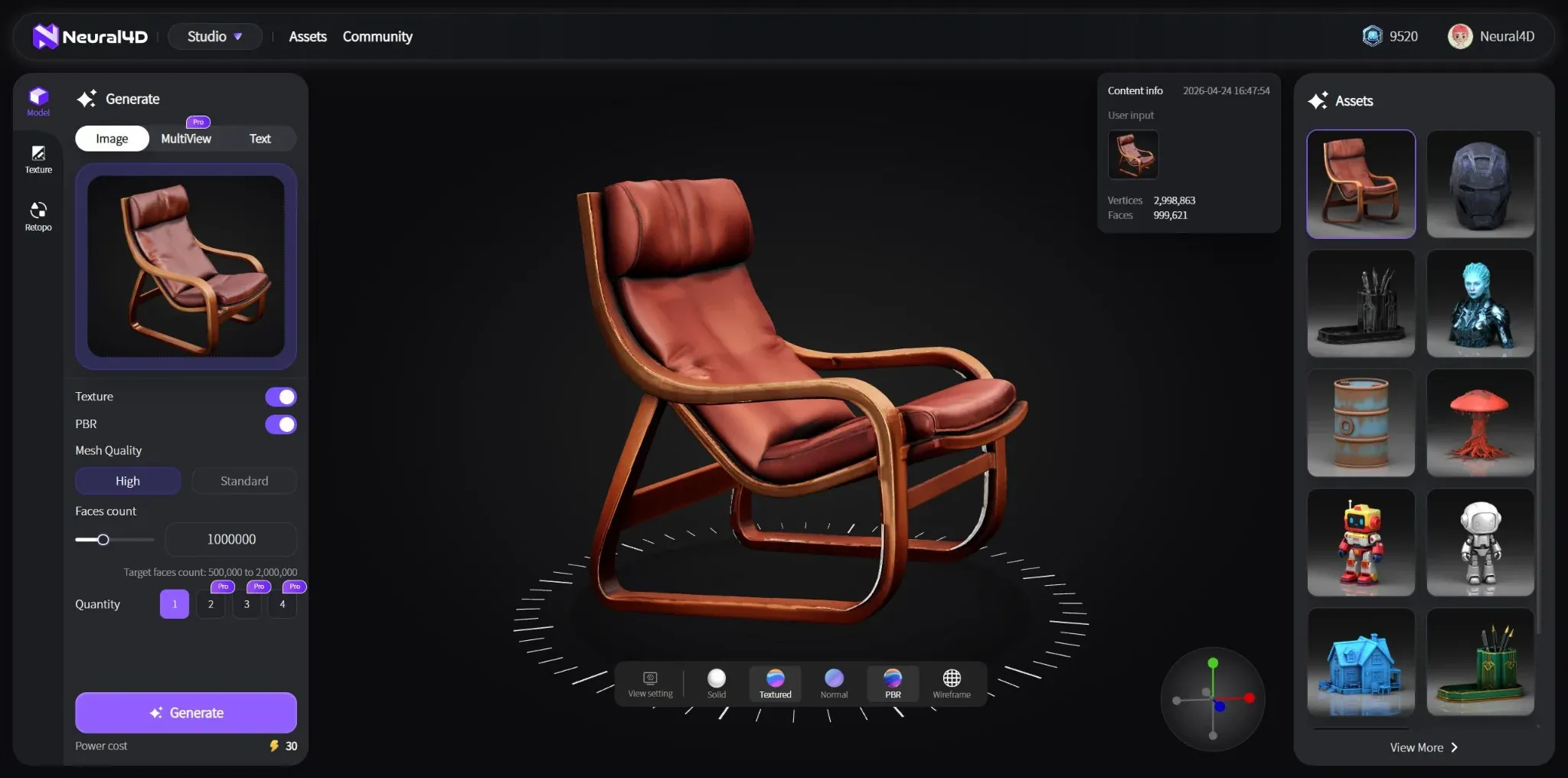 Neural4D image-to-3D workspace showing a chair reference, textured model, and generation controls