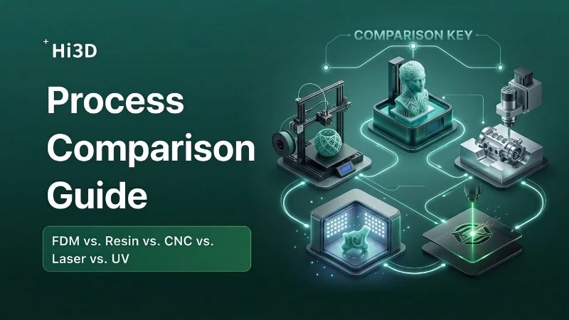 Comparaison de cinq procédés de fabrication : pièce fonctionnelle imprimée en FDM, miniature détaillée en résine, composant métallique usiné par CNC, panneau en bois gravé au laser et cadeau personnalisé imprimé en couleurs par UV