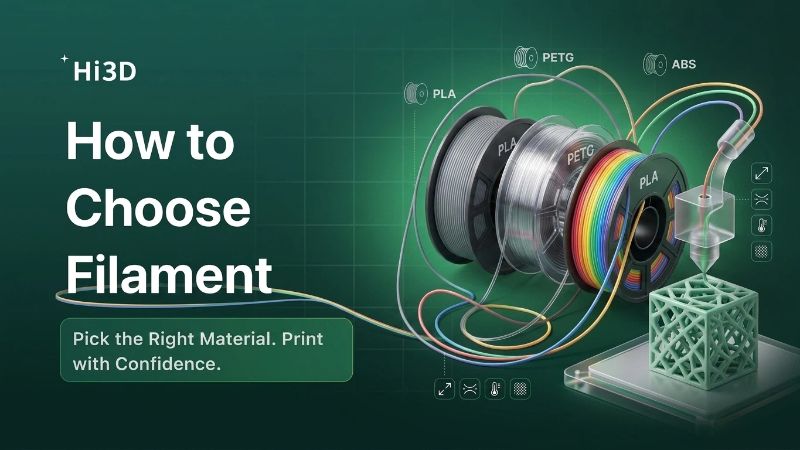 Infografik cara memilih filamen printer 3D: PLA untuk pemula, PETG untuk kekuatan, TPU untuk fleksibilitas, ASA untuk luar ruangan