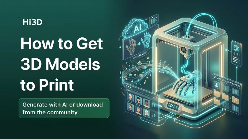 3Dモデルの入手方法インフォグラフィック：ダウンロード、モデリング習得、依頼、AI生成と、印刷準備を高速化するHi3Dワークフロー