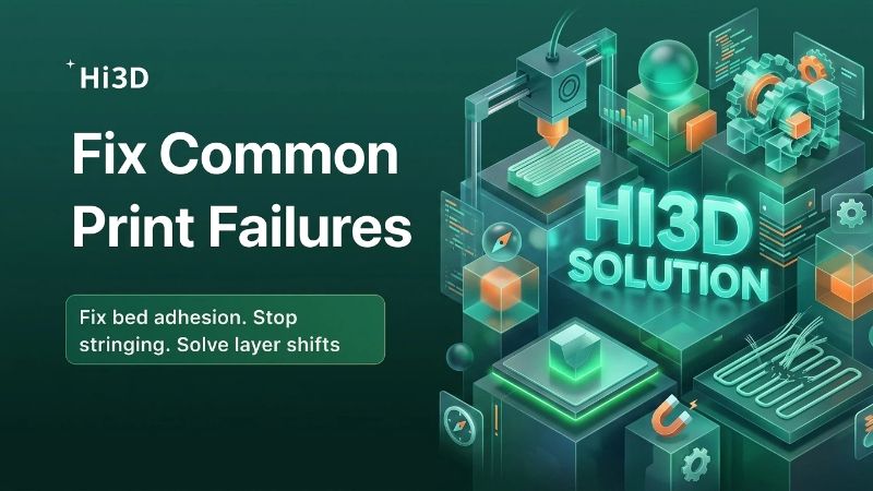 Fix common 3D printing failures infographic: bed adhesion, stringing, layer shifts, support collapse, warping, and under-extrusion