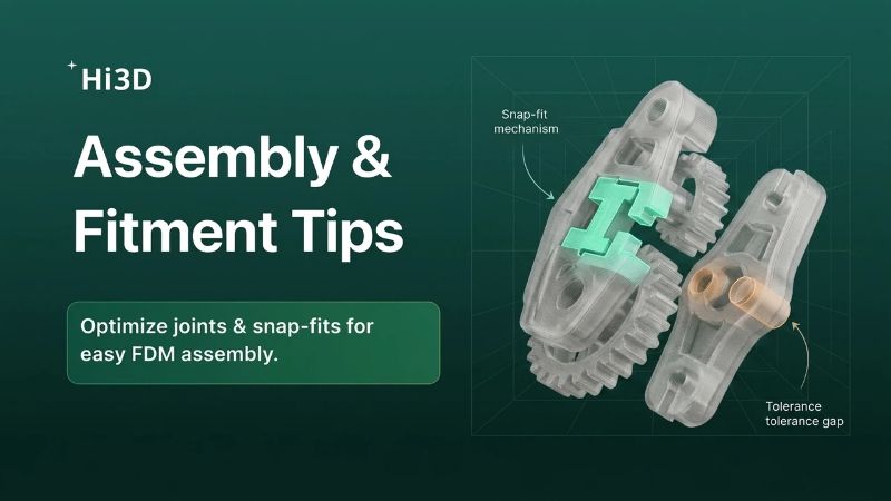 Diagram showing FDM snap-fit design, tolerance gaps, and assembly fitment tips for reliable 3D printed part assembly.