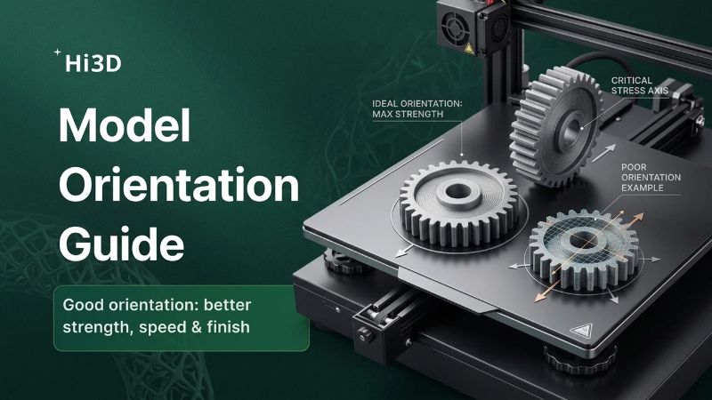 3D printer model orientation guide showing how print orientation affects strength, surface finish, and print speed, with gear examples demonstrating optimal and poor orientations for FDM 3D printing.