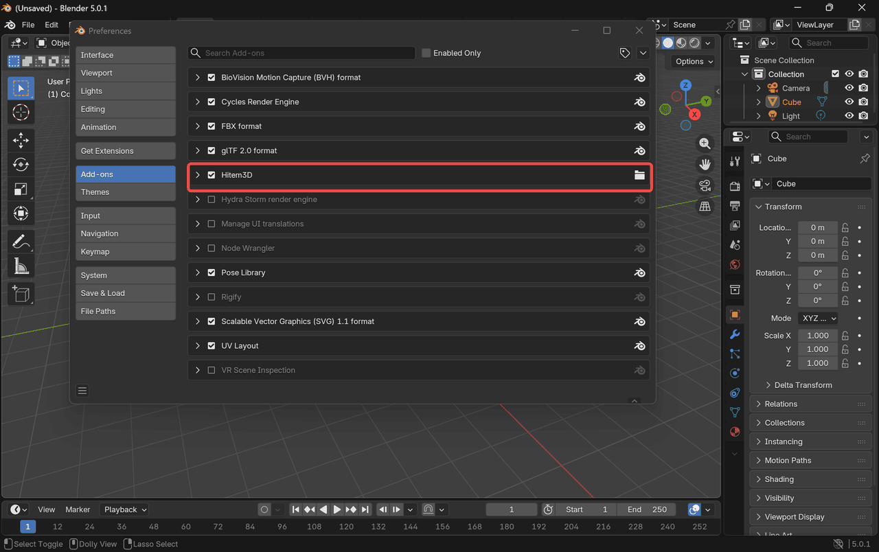 das Kontrollkästchen neben Hitem3D Plugin aktivieren