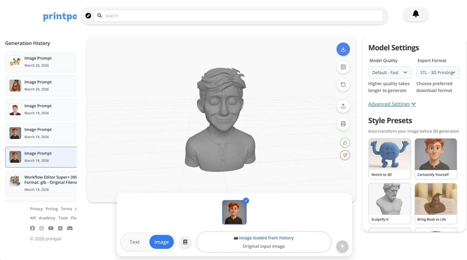 PrintPal image-to-3D generator with STL export settings and 3D model previe