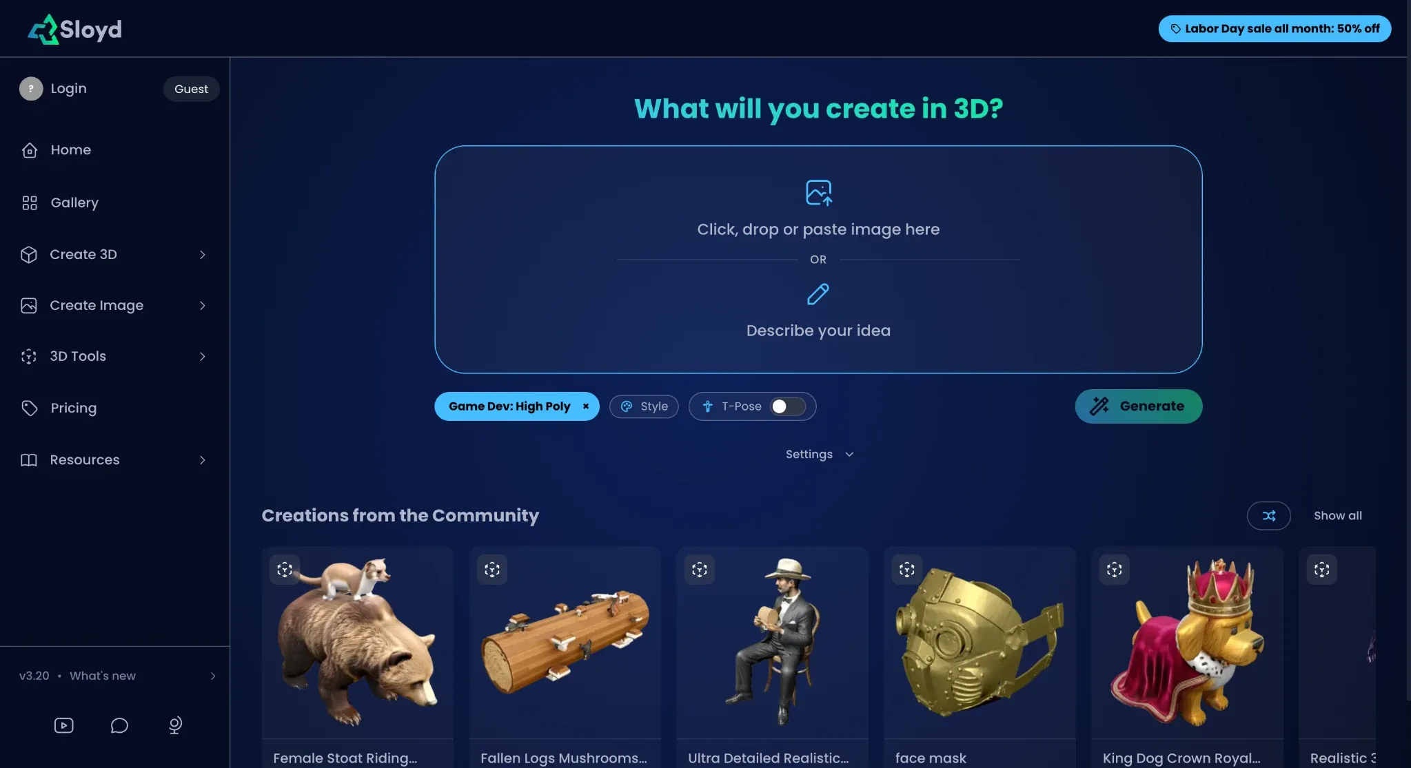 Sloyd AI 3D generator with image upload, text prompt, and editable 3D asset workflow