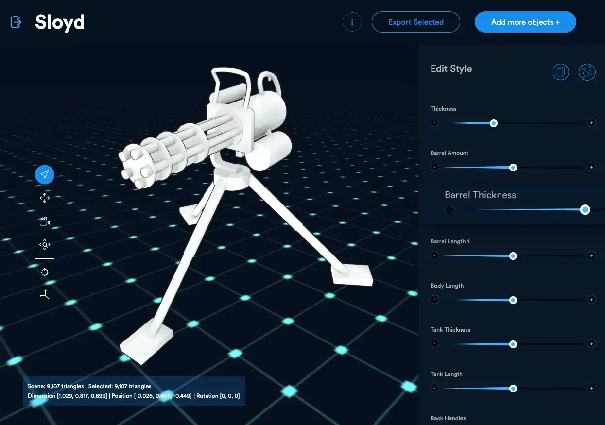 Sloyd editor with parameter controls for changing a generated 3D prop