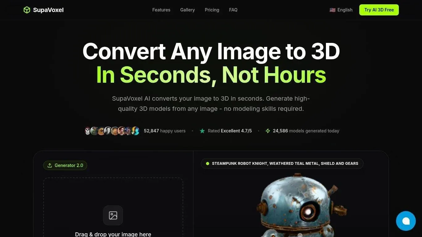 SupaVoxel image-to-3D website showing the upload interface and model preview