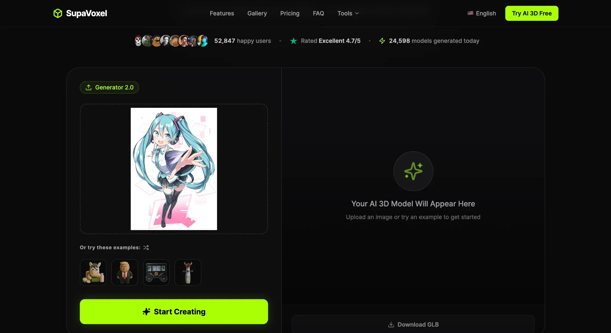 SupaVoxel Generator 2.0 converting a reference image into a downloadable AI 3D model