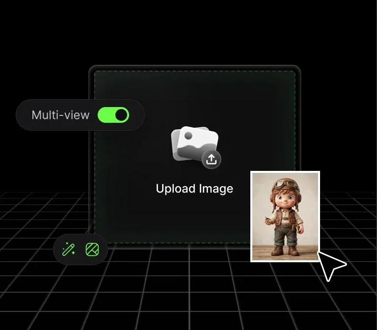 Tripo AI multi-view image-to-3D upload interface with a character reference