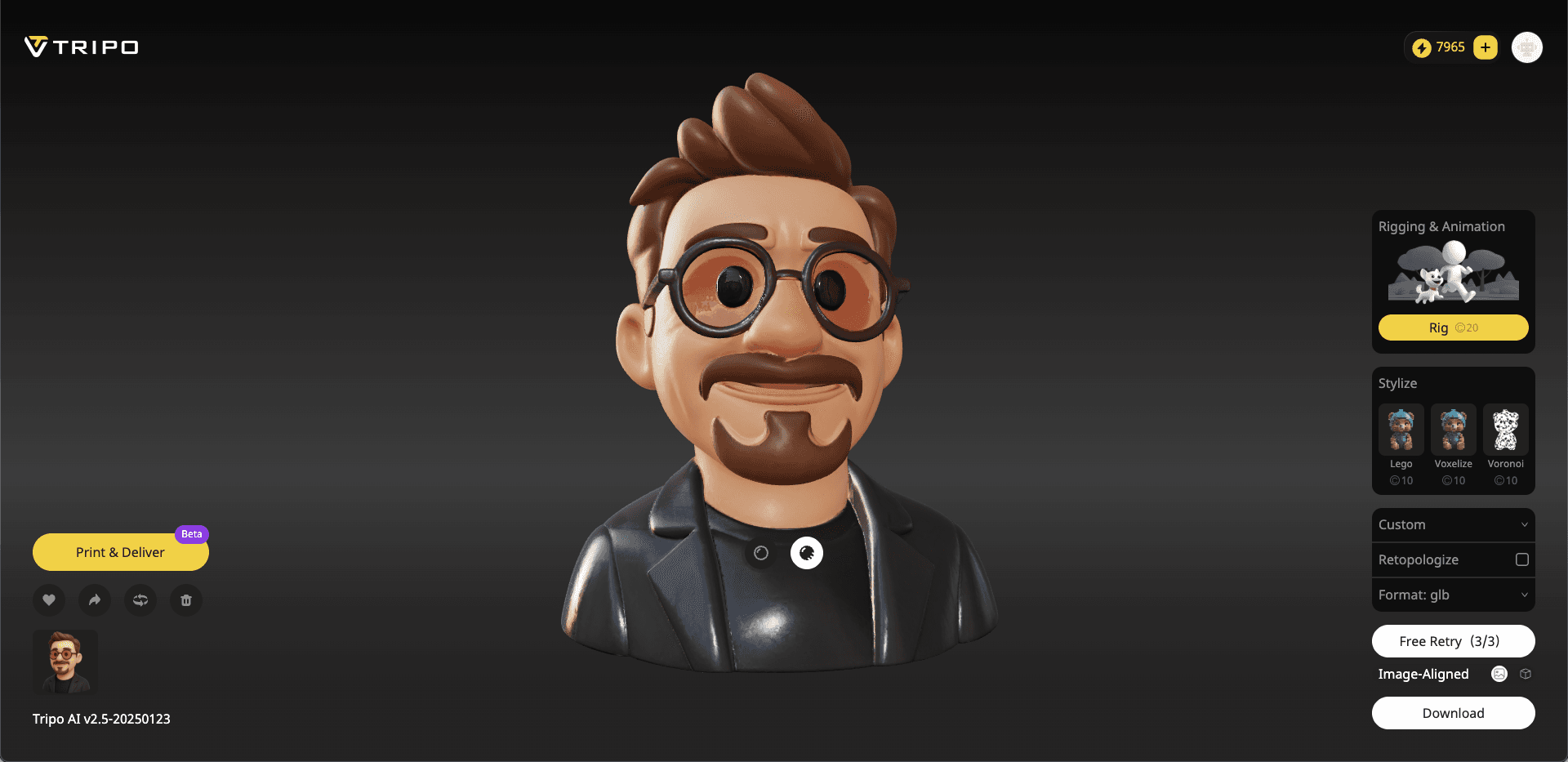 Tripo workspace showing a generated stylized character bust with rigging, retopology, print, and download controls
