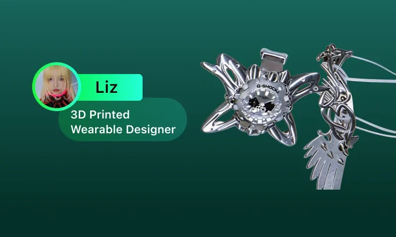 Cyber-futuristic wearable suite designed by Liz using Hi3D AI - 3D printed custom accessories including facial ornaments and tactical armlets